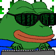 A green pepe with sunglasses typing on a keyboard